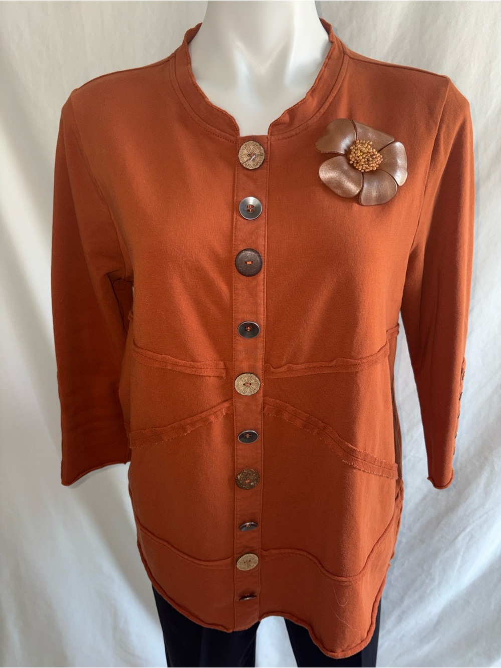 Lulu-B Rust Orange Button Front Blazer with Floral Pin